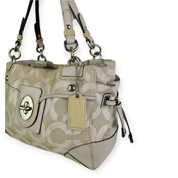 Coach Cream Genuine Leather CC Signature Canvas Shoulder Bag Tote Bag Pusre - Picture 4 of 13